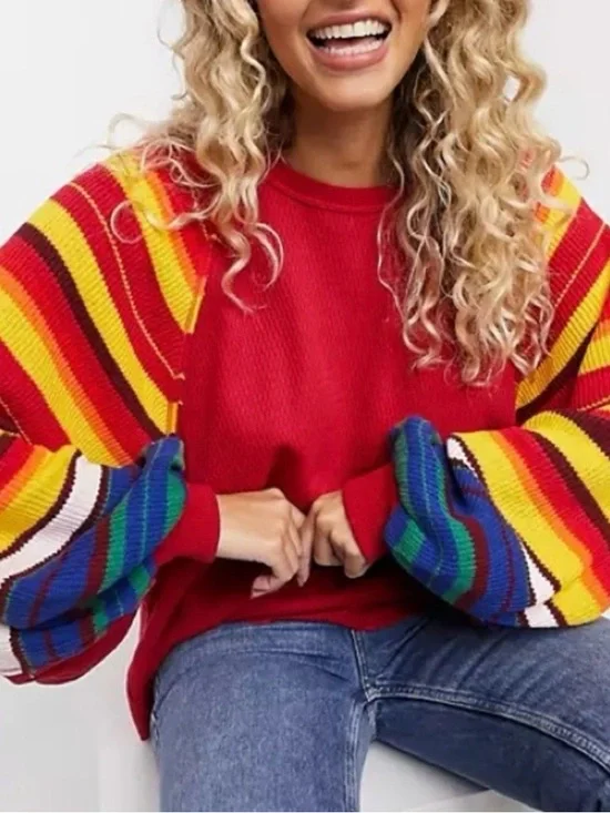 FREE PEOPLE WE THE FREE Top Siz XS Red Rainbow Dreams Pullover Oversized Thermal - Picture 1 of 9